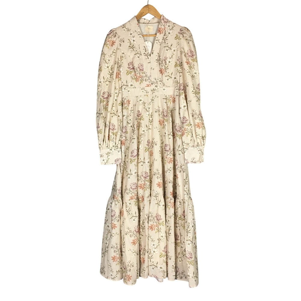 Linen Vibes Floral Maxi Dress XS NWT Cream Cottagecore Lace Up Back Puff‎ Sleeve